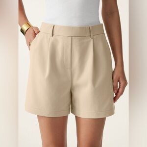 OGL Ponte-De-Roma Mid Rise Smart Pleated Pull-on Shorts with Pockets - Pale Gold